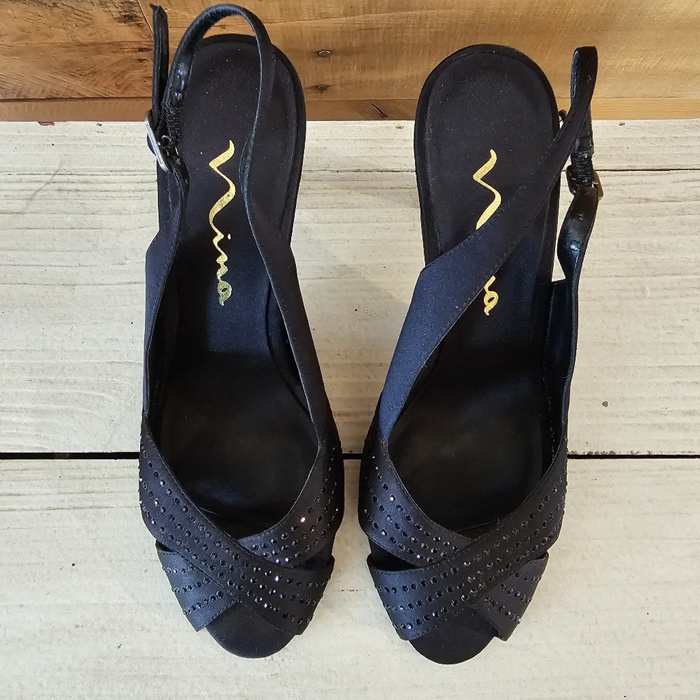 Nina "Camille" black satin & crystal peep toe slingback heels Size 6-1/2M - Picture 3 of 10